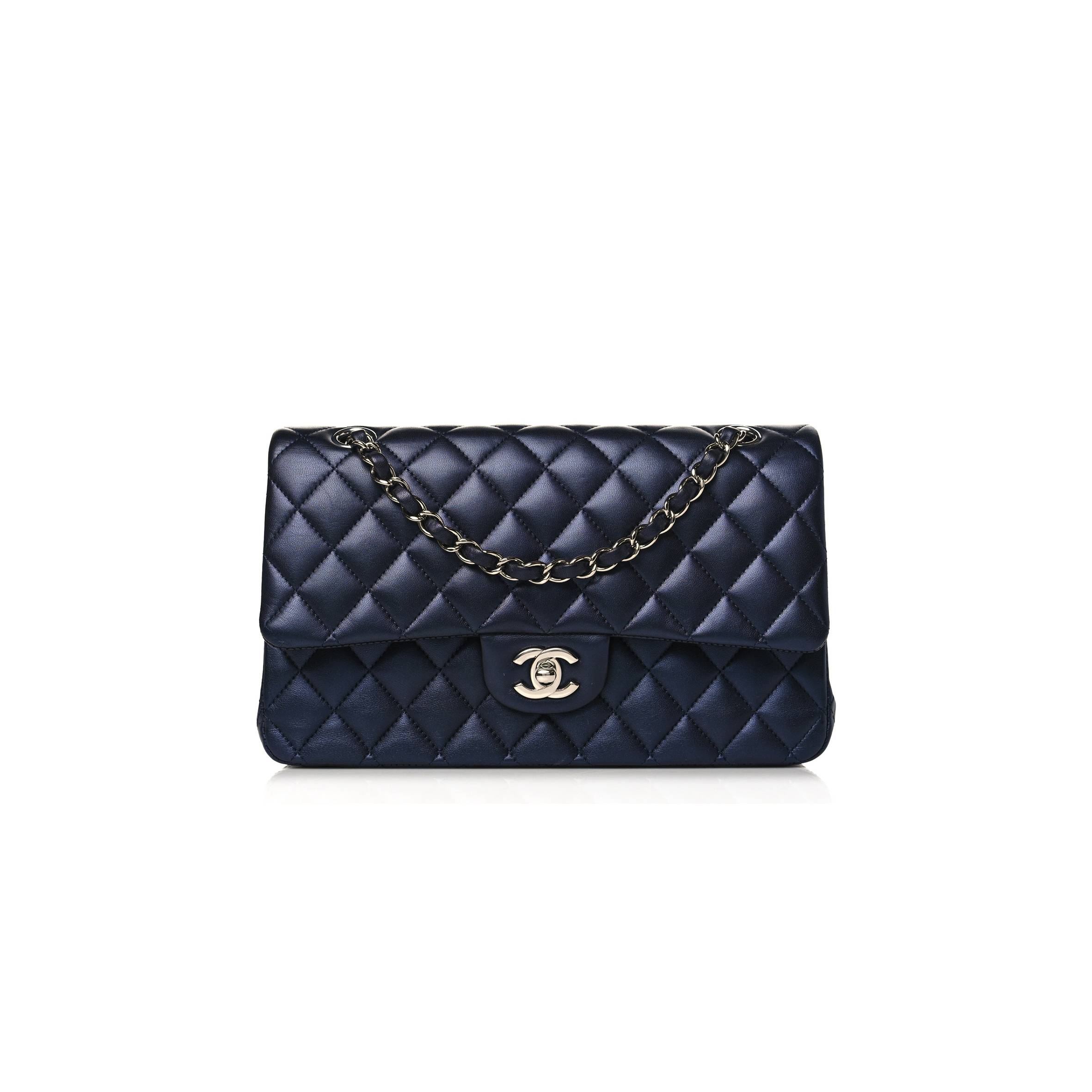 CHANEL IRIDESCENT CALFSKIN QUILTED MEDIUM DOUBLE FLAP NAVY (25*15*6cm)