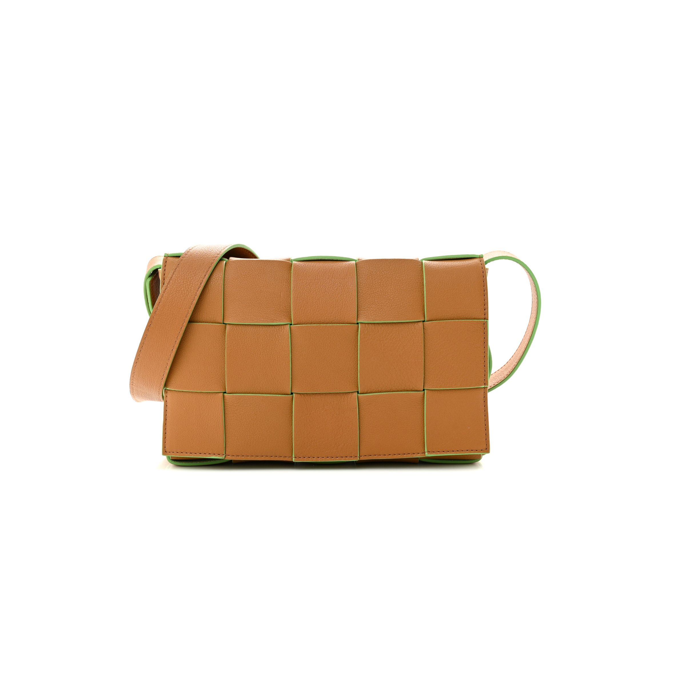 BOTTEGA VENETA GRAINED CALFSKIN MAXI INTRECCIATO CASSETTE CROSSBODY BAG CARAMEL PISTACHIO (23*15*5.5cm)