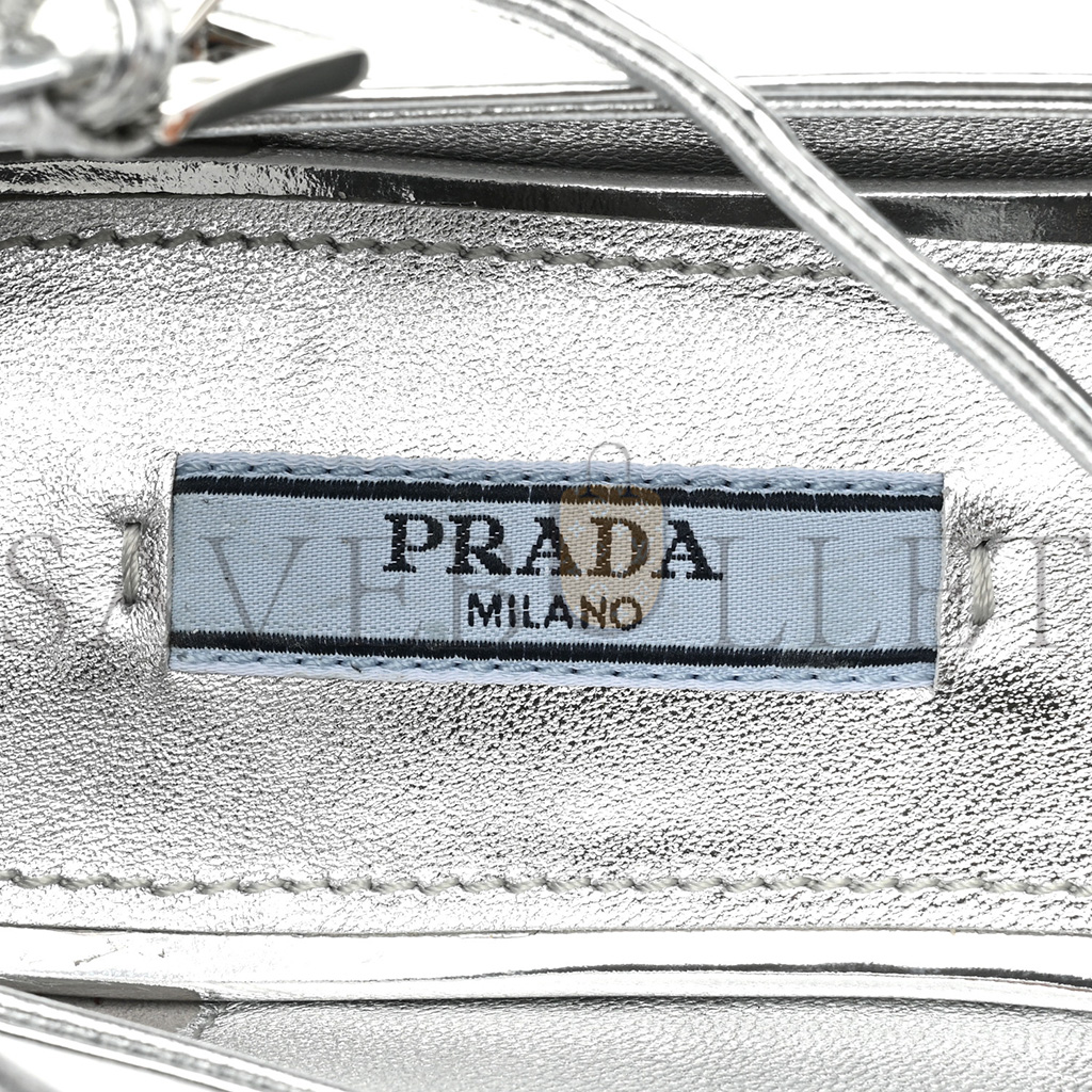 PRADA METALLIC CALFSKIN METAL TRIANGLE LOGO ANKLE STRAP BALLERINAS 36.5 SILVER