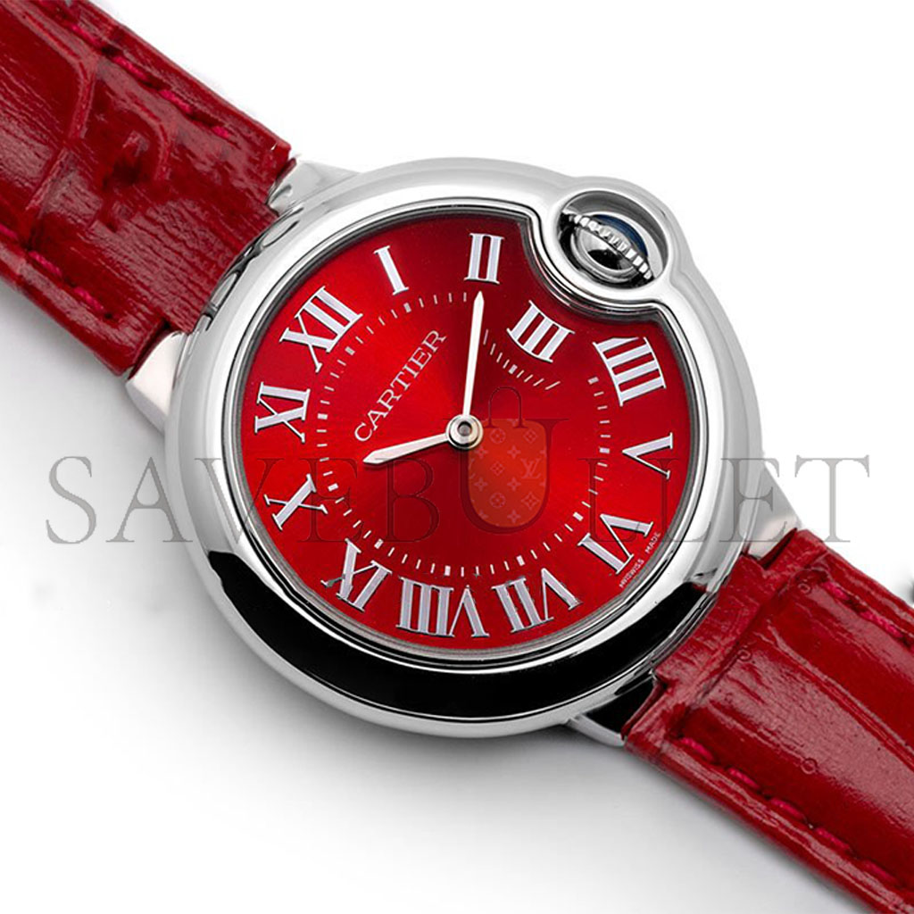 CARTIER BALLON BLEU DE CARTIER 33MM QUARTZ RED DIAL IN RED LEATHER STRAP WSBB0022