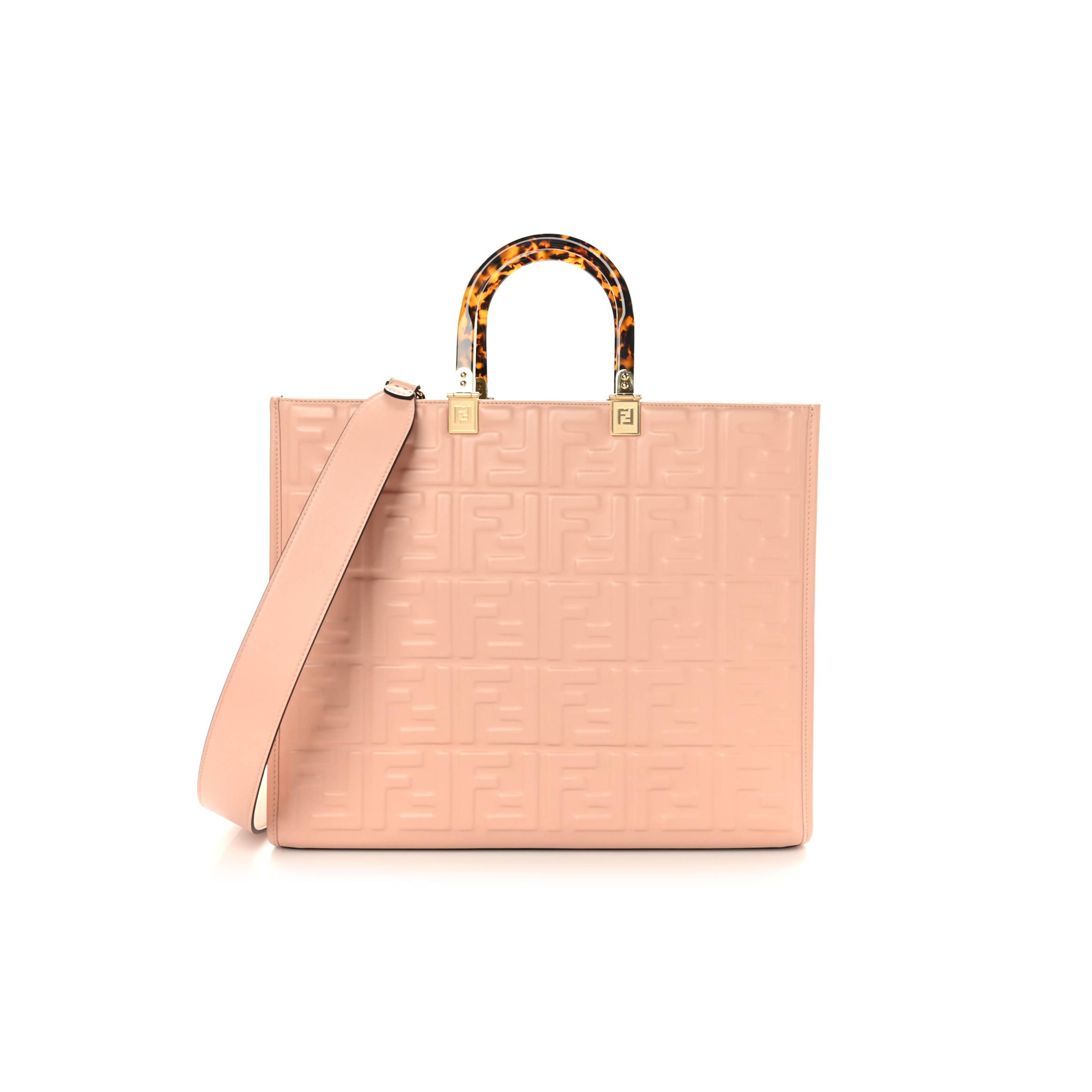 FENDI VITELLO PLEXIGLASS FF EMBOSSED MEDIUM FENDI SUNSHINE SHOPPER TOTE BABY PINK (36*31*16cm)