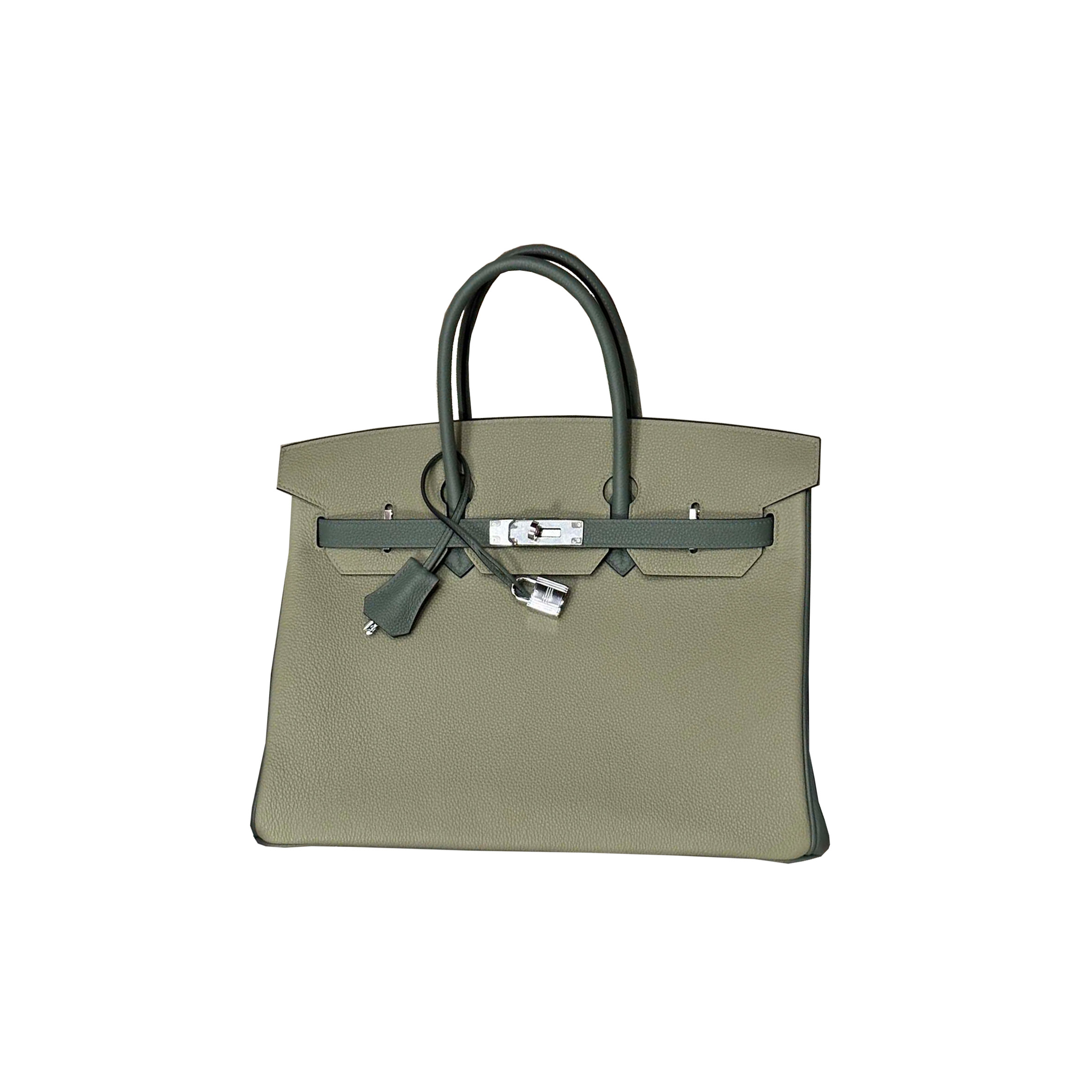 HERMES BIRKIN 35 TOGO LEATHER ALMOND GREEN WITH SAGE GREEN AND SILVER BUCKLE HORSESHOE PRINT 2160900307918 (35*28*18cm)