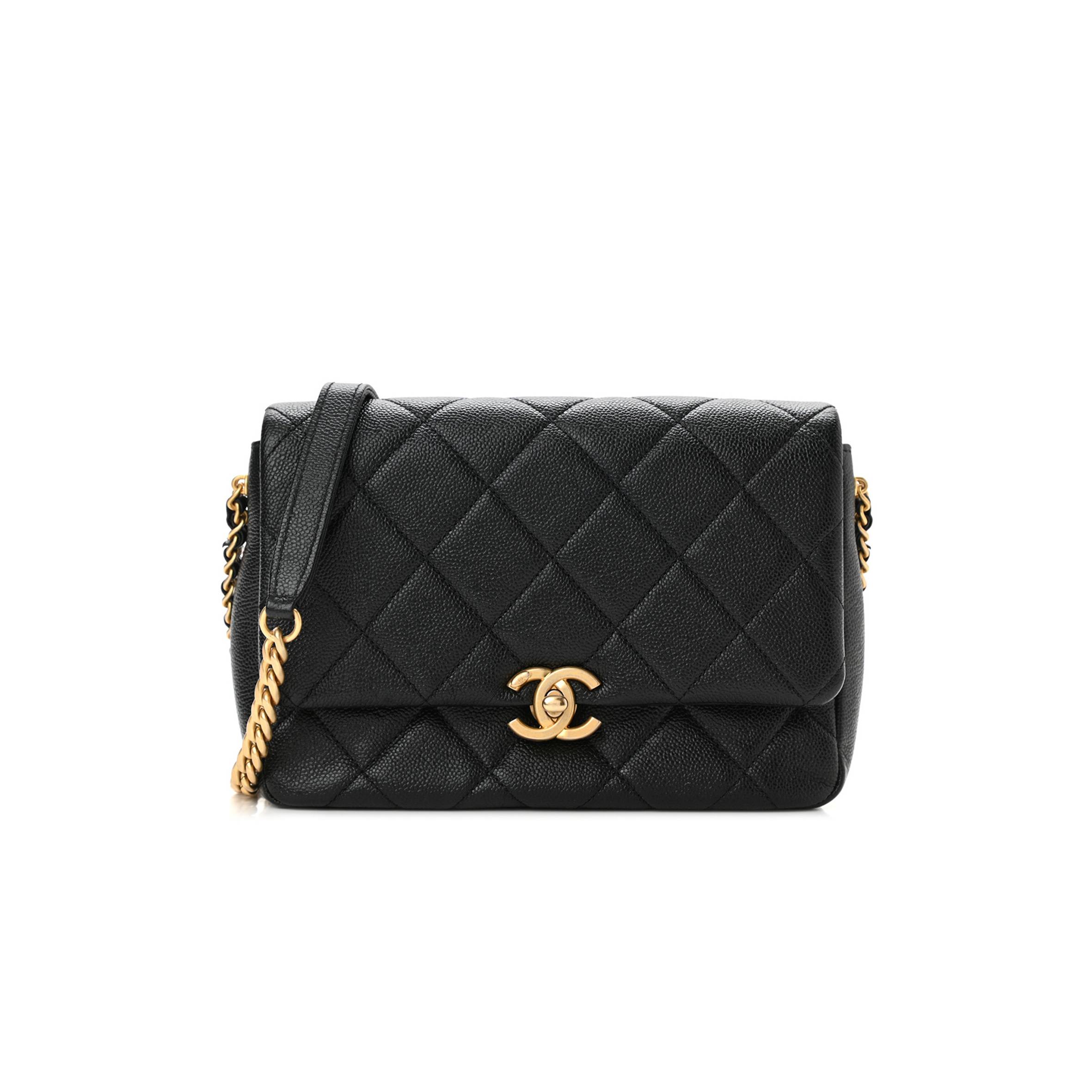 CHANEL SHINY CAVIAR QUILTED SMALL CHAIN MELODY FLAP BLACK GOLD HARDWARE (22*15*6cm)