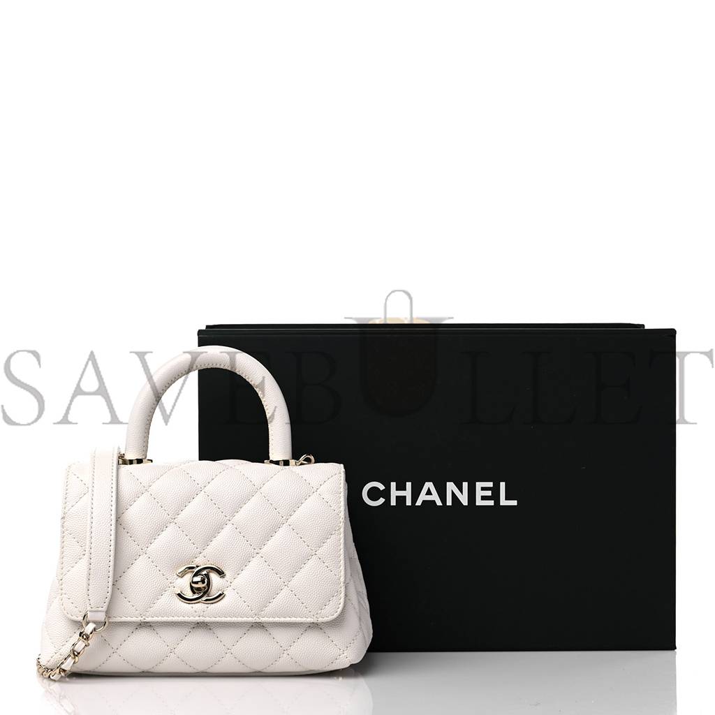 CHANEL CAVIAR QUILTED EXTRA MINI COCO HANDLE FLAP WHITE ROSE GOLD HARDWARE (18*12*9cm)