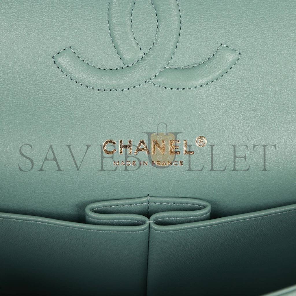 CHANEL MEDIUM CLASSIC DOUBLE FLAP BAG GREEN CAVIAR LIGHT GOLD HARDWARE (25*15*7cm)