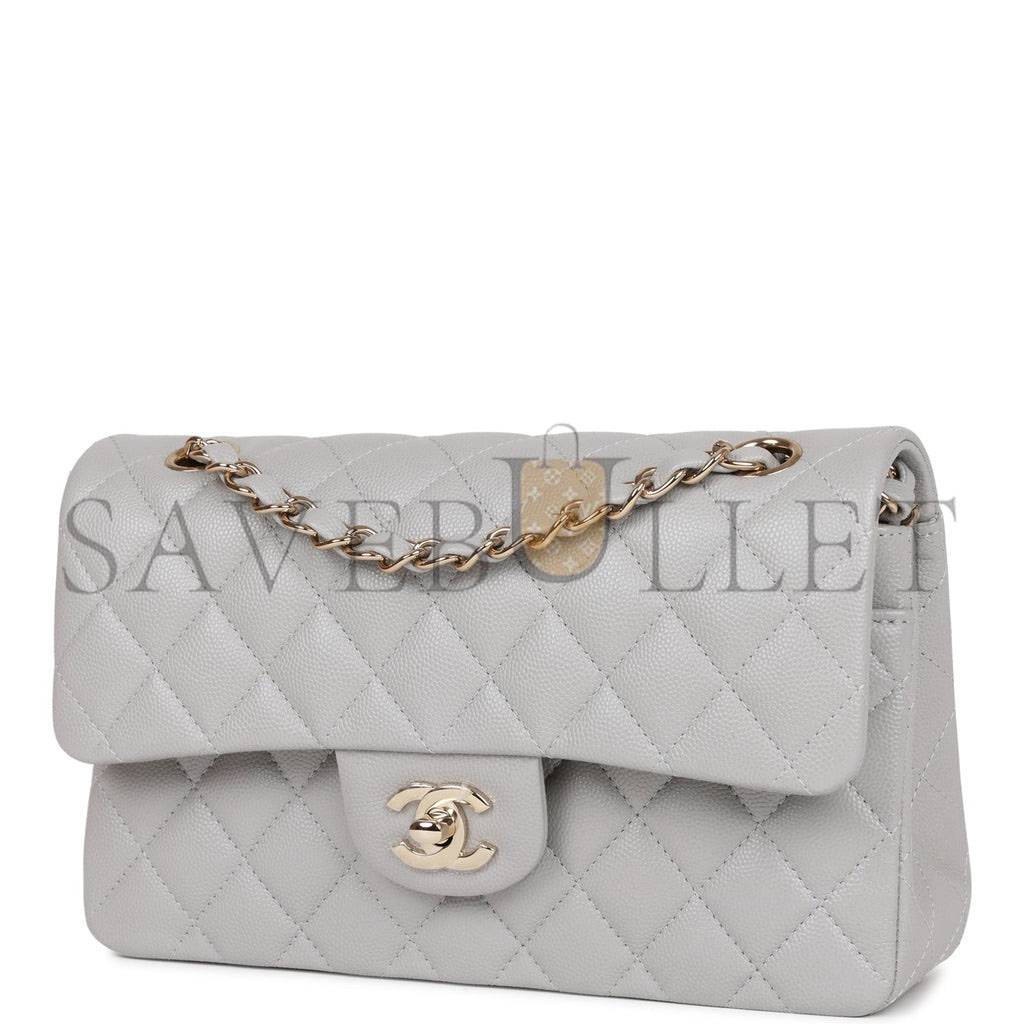 CHANEL SMALL CLASSIC DOUBLE FLAP GREY CAVIAR LIGHT GOLD HARDWARE (23*13*6cm)