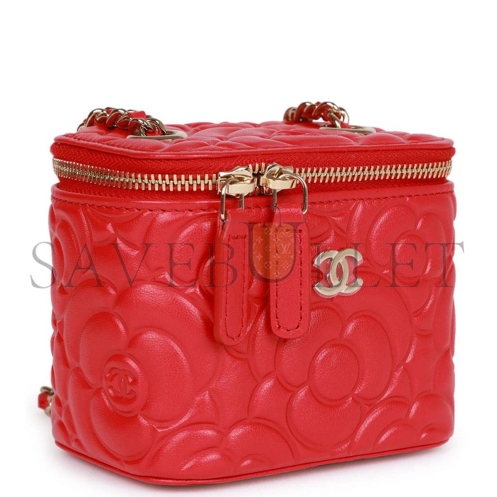 CHANEL CAMELLIA MINI VANITY CASE RED LAMBSKIN LIGHT GOLD HARDWARE (11*9*8cm)