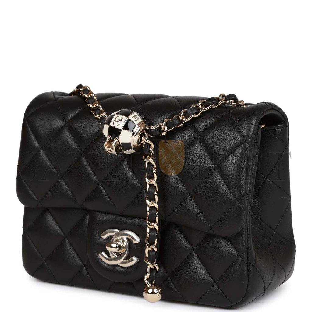 CHANEL PEARL CRUSH MINI SQUARE FLAP BAG BLACK LAMBSKIN LIGHT GOLD HARDWARE (17*14*8cm)