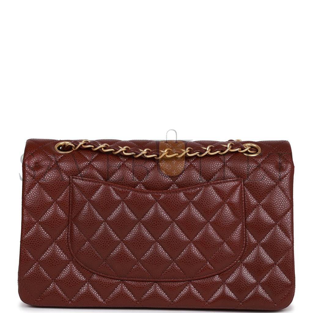 CHANEL MEDIUM CLASSIC DOUBLE FLAP BAG BURGUNDY CAVIAR ANTIQUE GOLD HARDWARE (25*15*7cm)