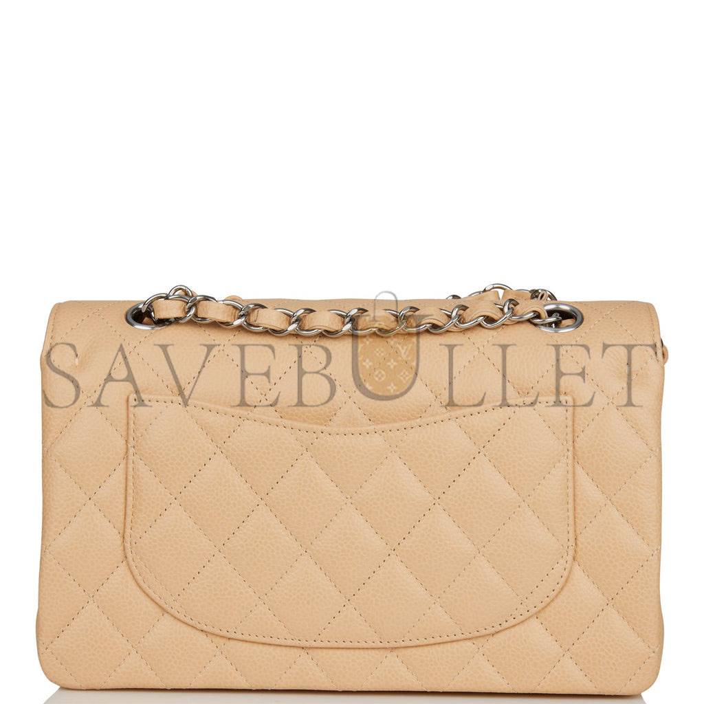 CHANEL SMALL CLASSIC DOUBLE FLAP BAG BEIGE CAVIAR SILVER HARDWARE (23*13*6cm)