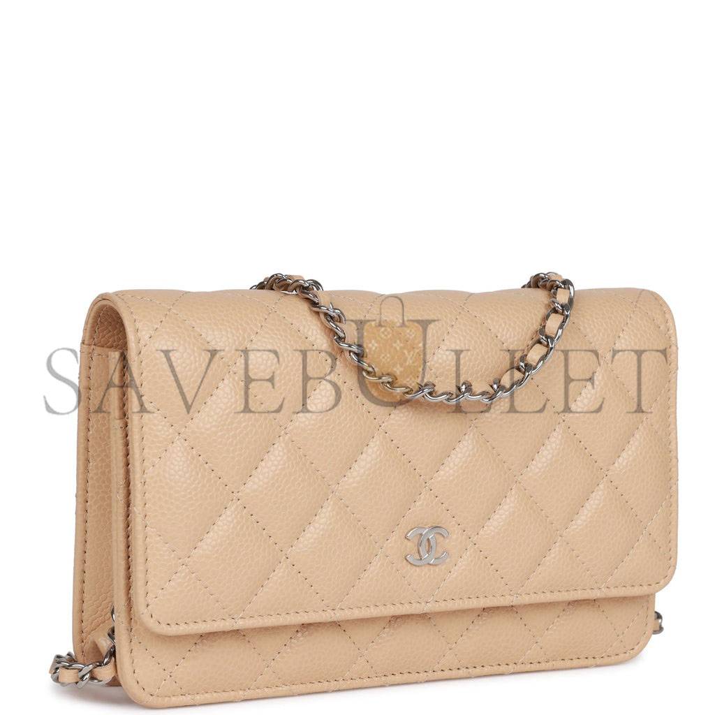 CHANEL WALLET ON CHAIN WOC BEIGE CAVIAR SILVER HARDWARE (19*12*4cm)