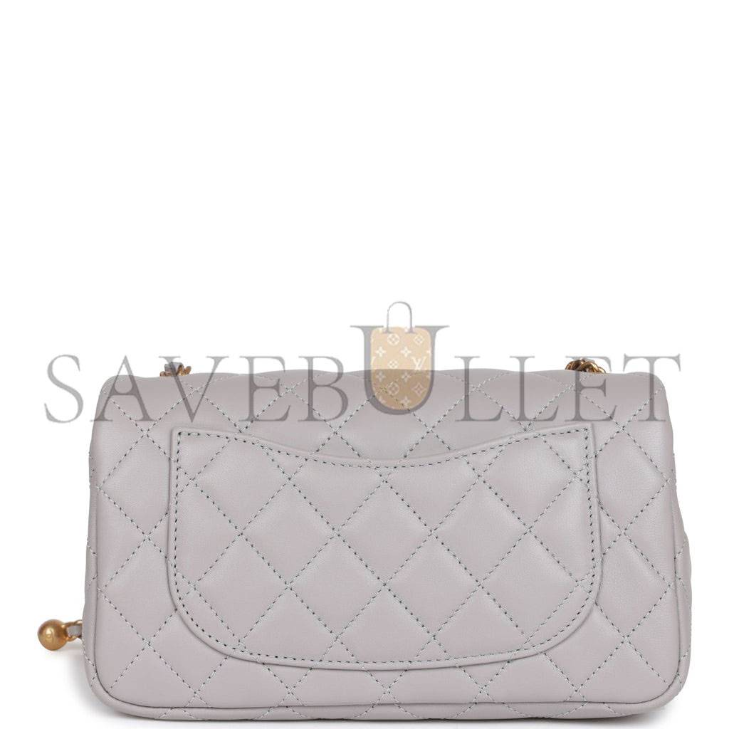 CHANEL PEARL CRUSH MINI RECTANGULAR FLAP BAG LIGHT GREY LAMBSKIN ANTIQUE GOLD HARDWARE (20*13*6cm)