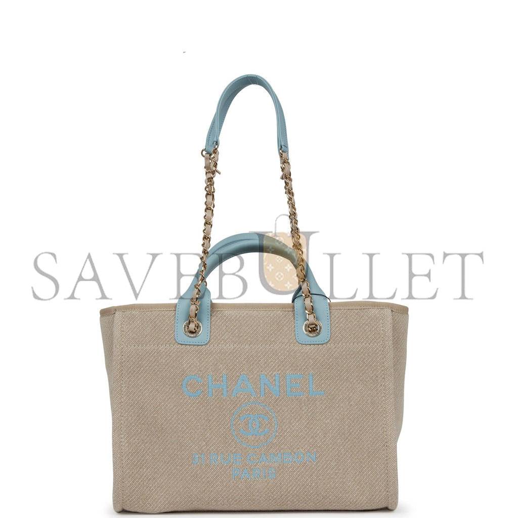 CHANEL SMALL DEAUVILLE SHOPPING BAG BLUE AND BEIGE BOUCLE LIGHT GOLD HARDWARE (34*27*15cm)