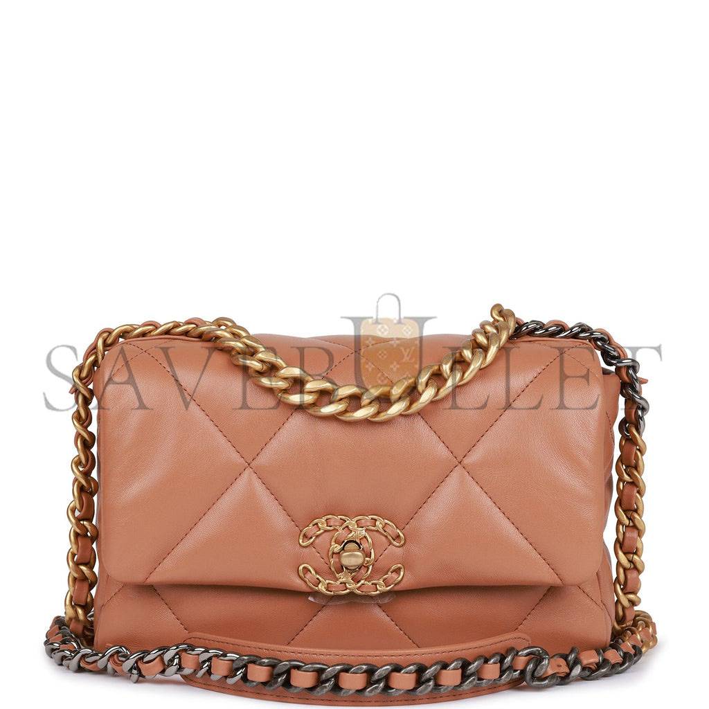 CHANEL MEDIUM 19 FLAP BAG CARAMEL CALFSKIN MIXED HARDWARE (25*16*9cm)