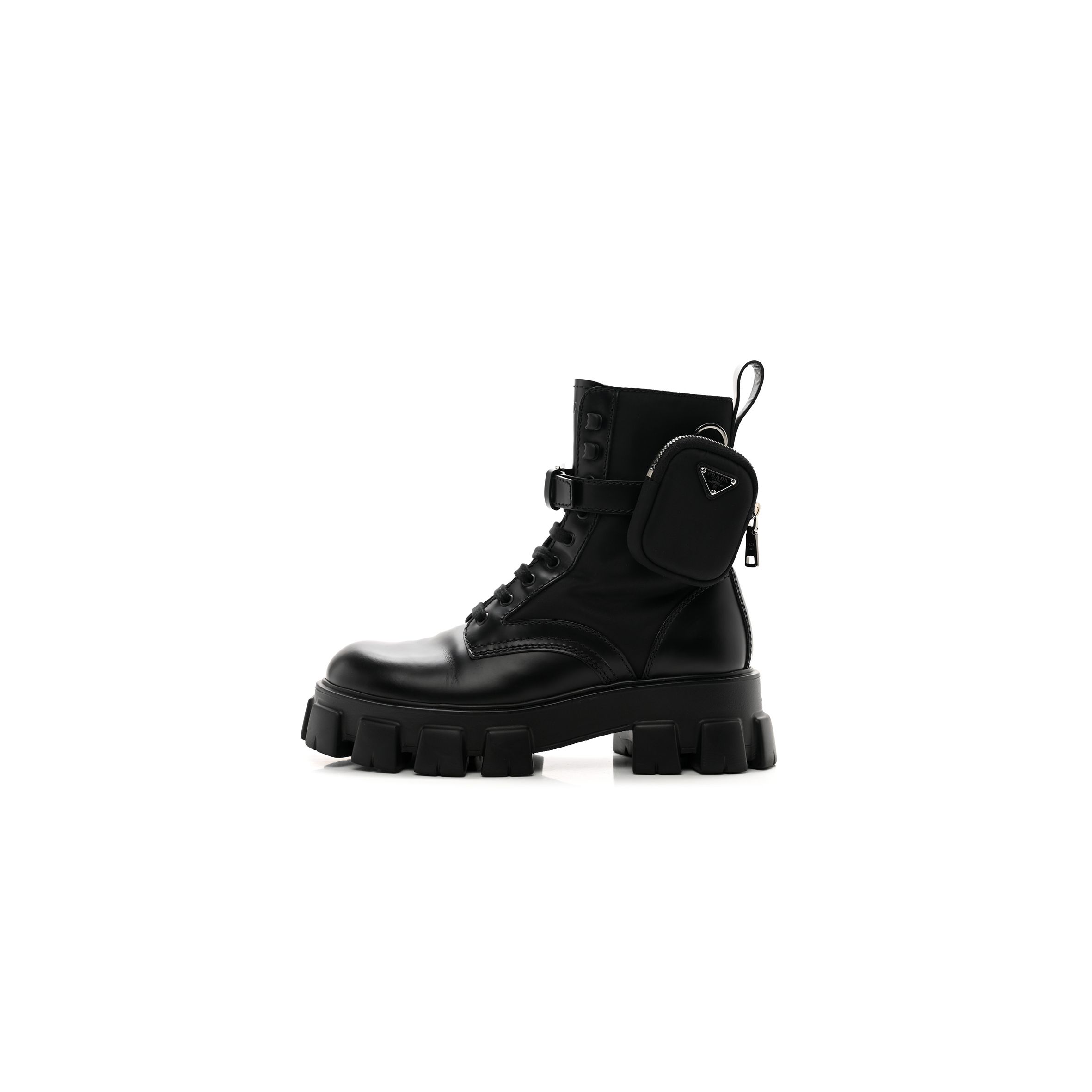 PRADA SPAZZOLATO ROIS RE-NYLON METAL TRIANGLE LOGO MENS MONOLITH POUCH POCKET 60MM COMBAT BOOTS 7.5 BLACK