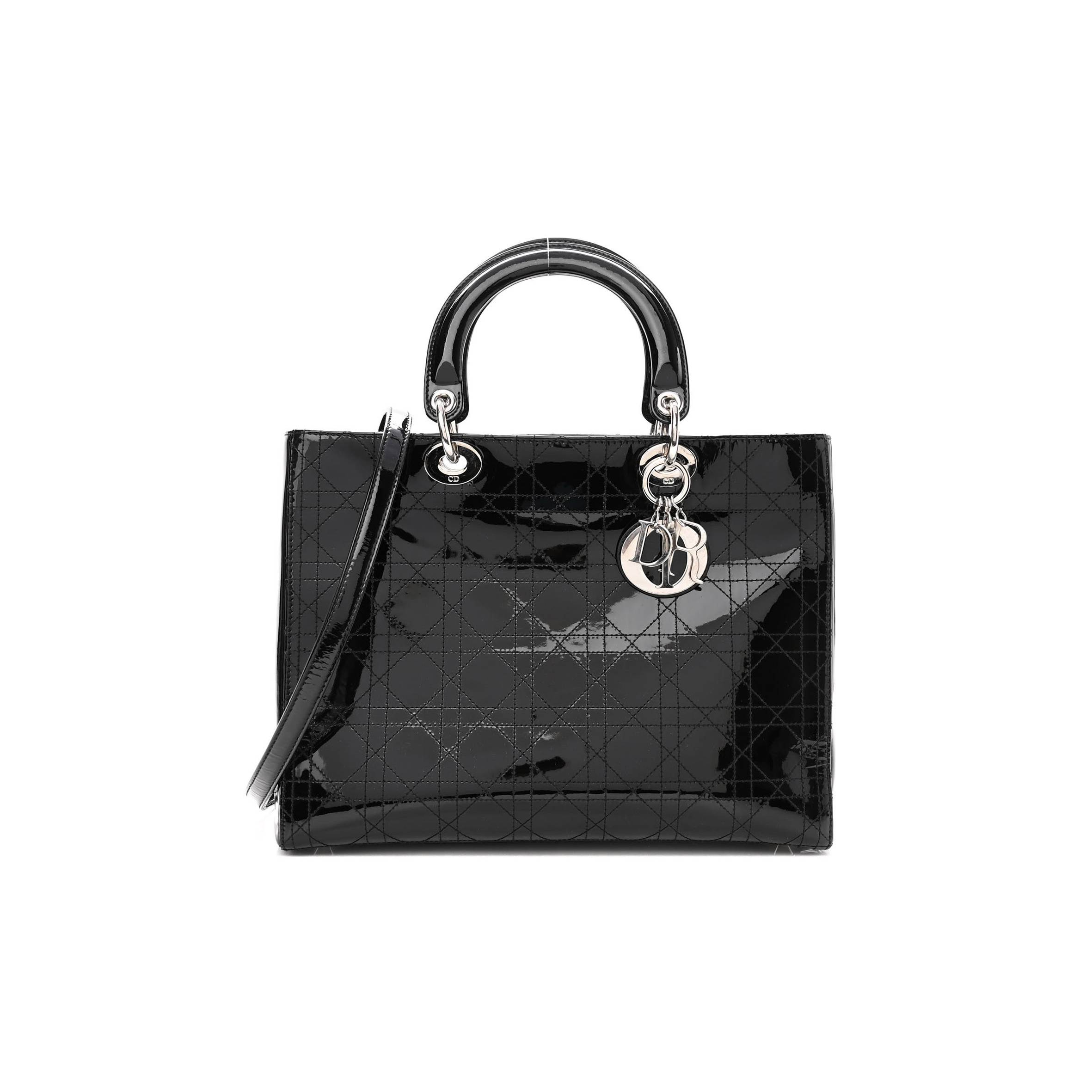 DIOR PATENT CANNAGE STITCHED LARGE LADY DIOR BLACK (32*25*11.4cm)